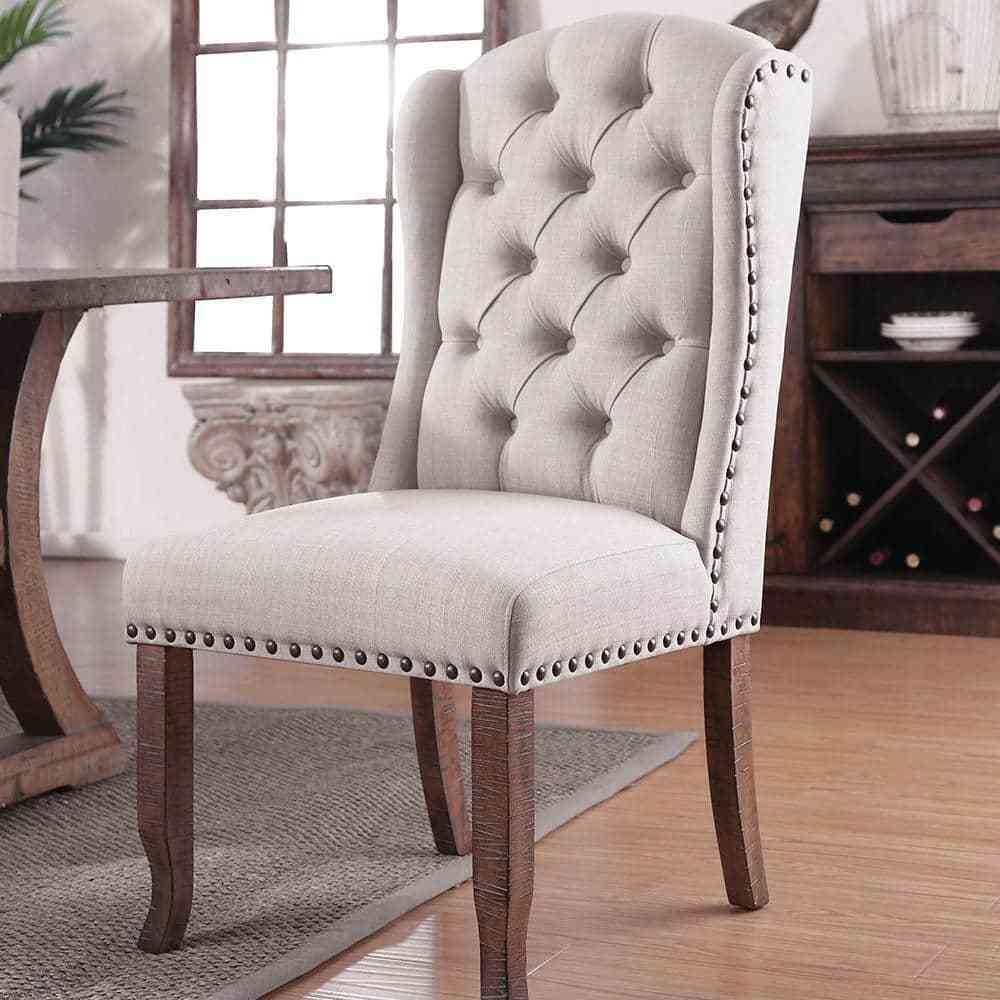 Diana Contemporary Tufted Wingback Side Chairs Set of 2 Ivory & Rustic Oak