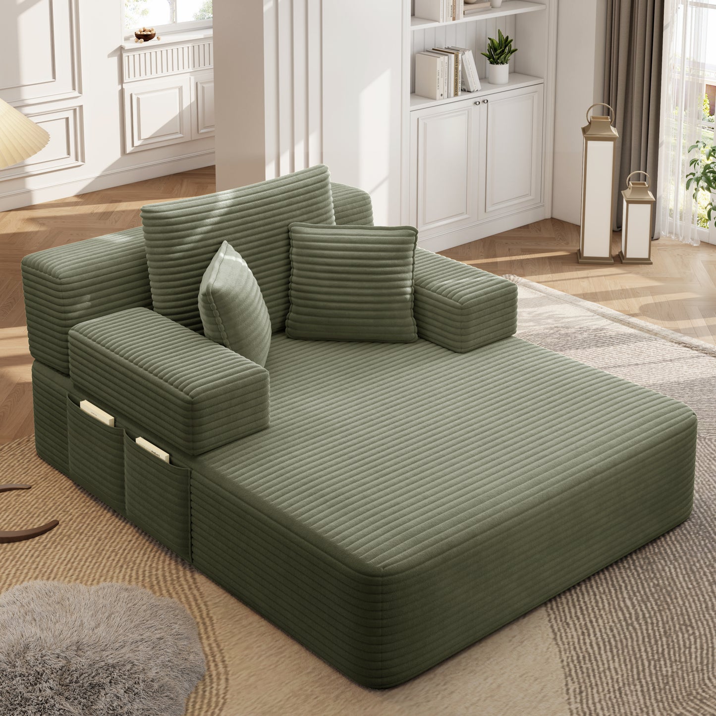 Luxurious Plush Corduroy Chaise Lounge with 3 Pillows - Green - detail view 4