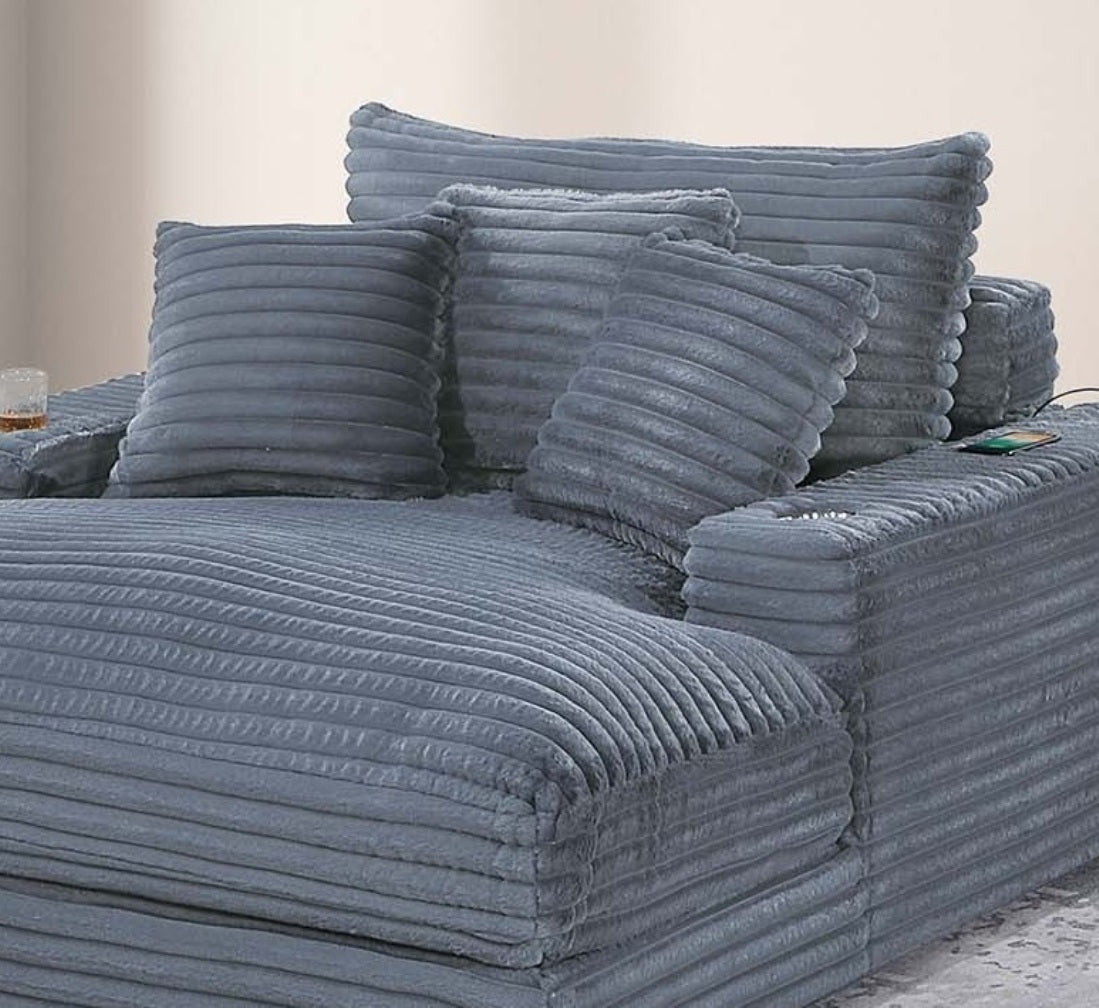 Modern Chaise Lounge W 2/ Cup Holders USB Ports Gray Color Corduroy Wooden Legs Pillows Plush Couch Sofa Chaise - detail view 4