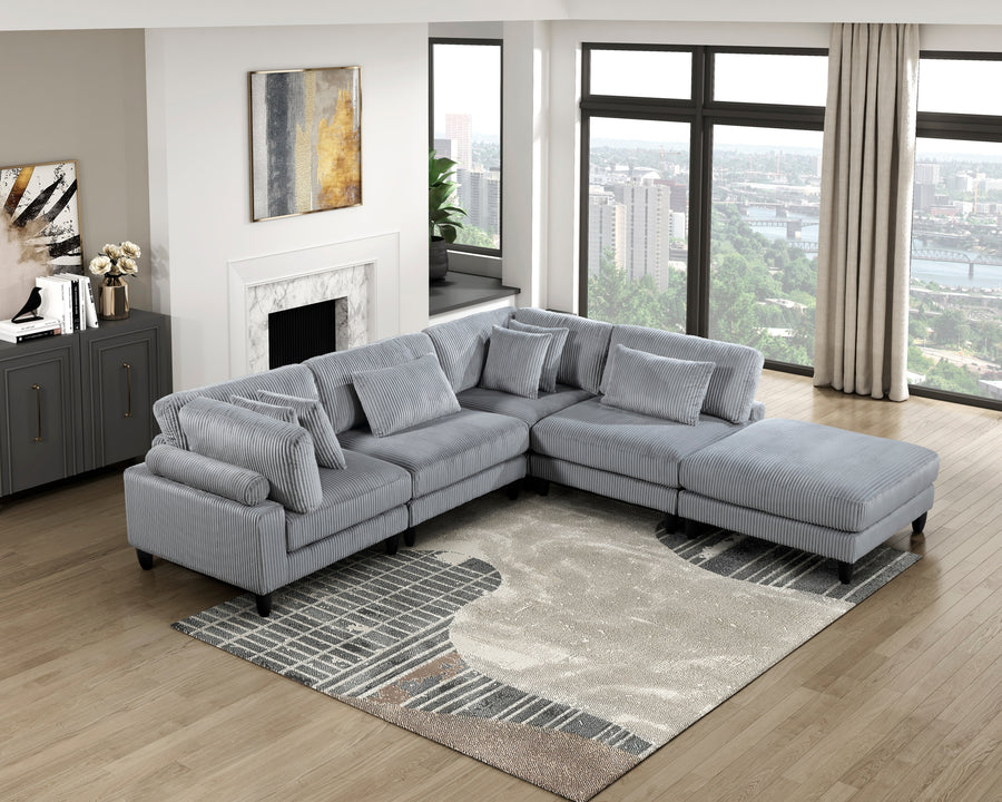 5pc Modular Sectional Set Gray Corduroy Upholstery 2x Armless Chairs 2x Corner Seats 1x Ottoman Pillows Living Room Furniture - primary color shot