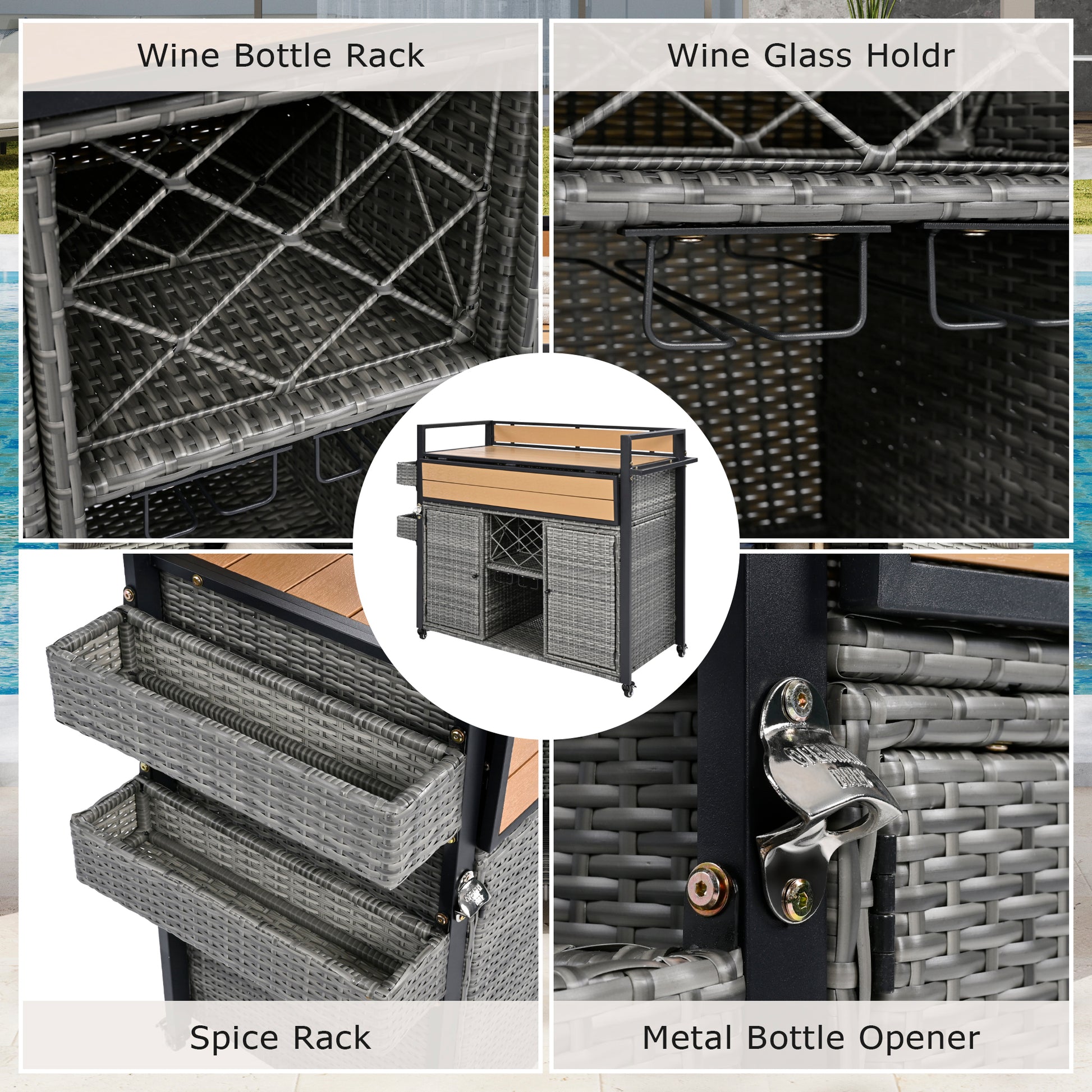 K&k 52.8'w Wicker Outdoor Grill Cart with Extended Plastic Wood Table Top - Grey - detail view 8