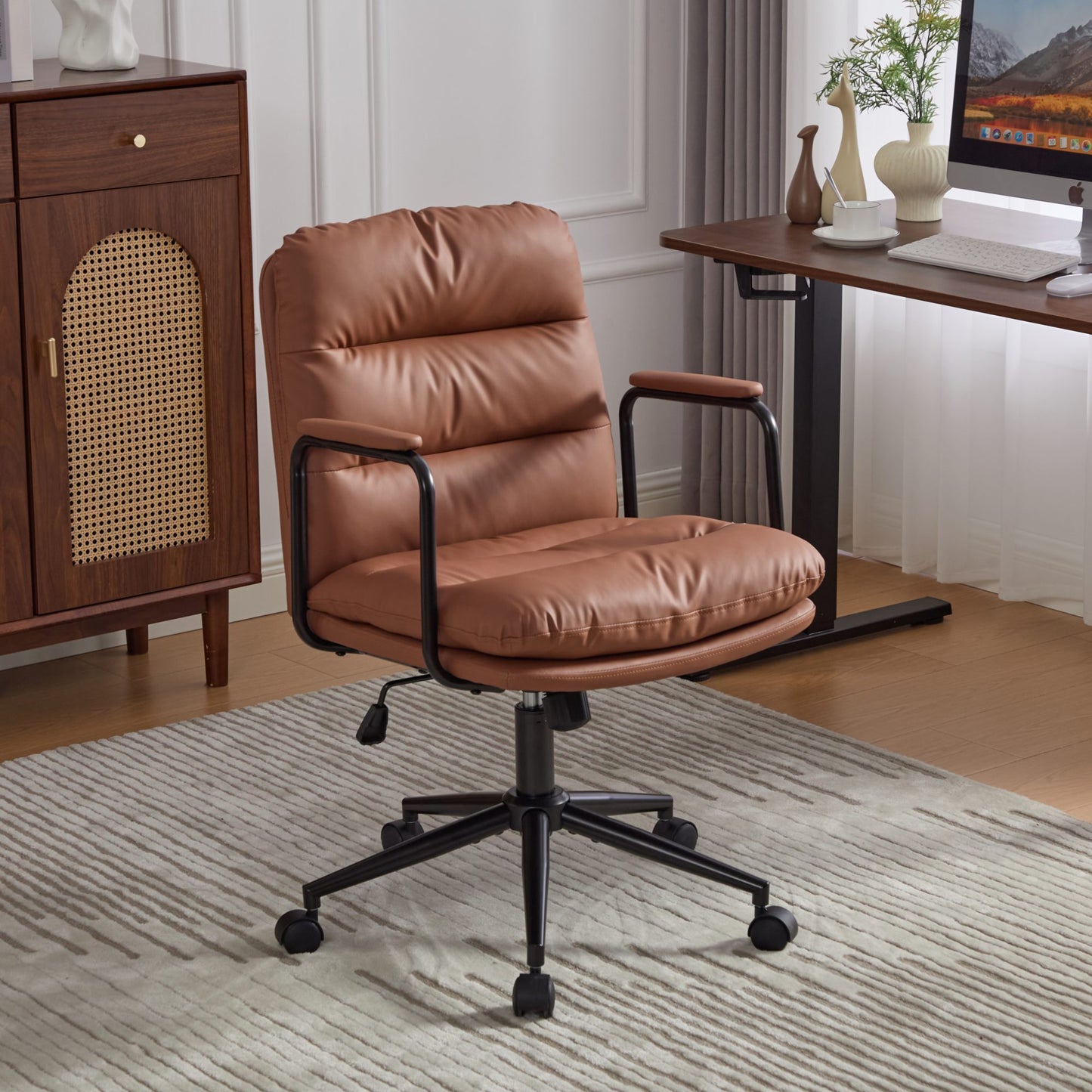 Brown PU Leather Office Chair with Wood Legs