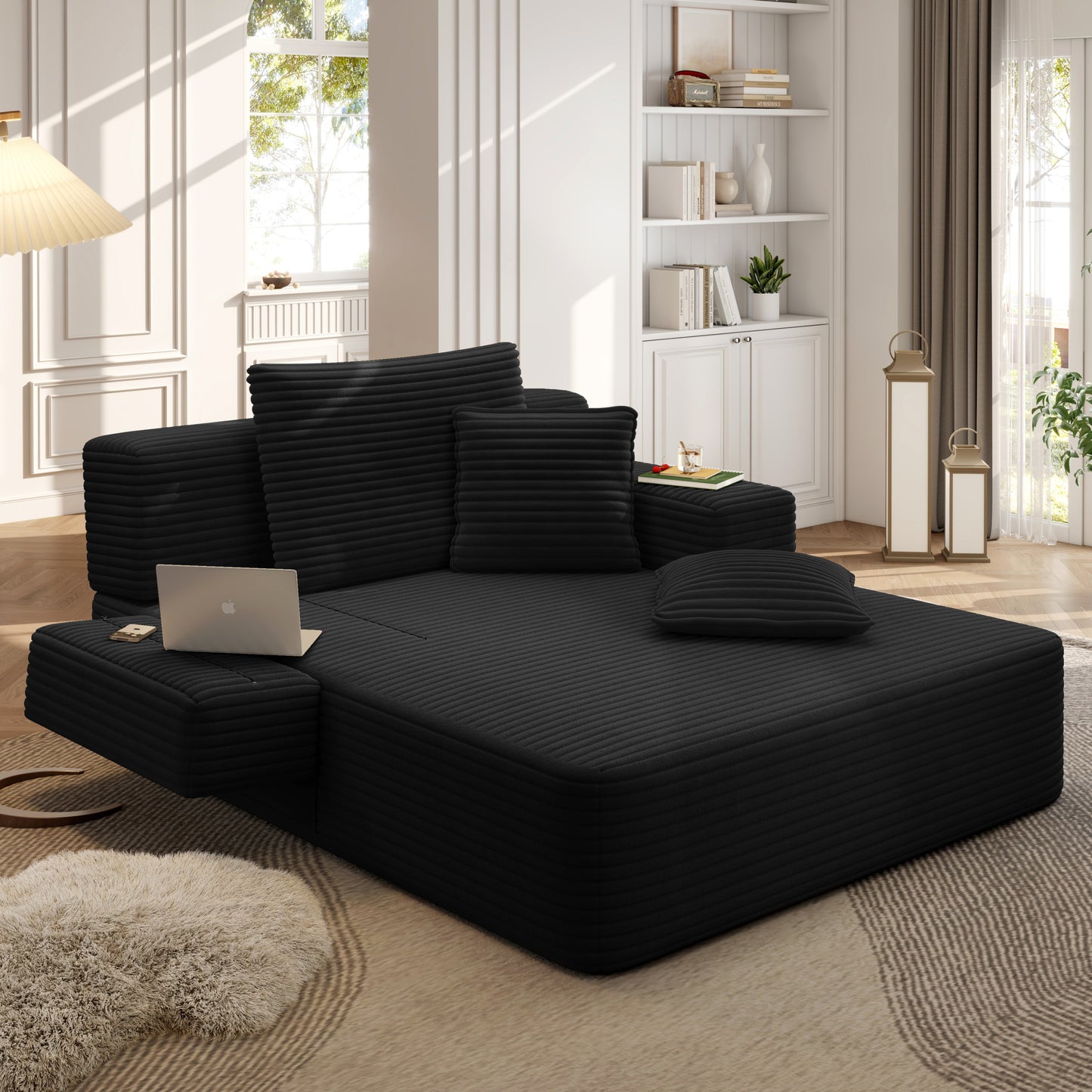 Luxurious Plush Corduroy Chaise Lounge with 3 Pillows - Black - detail view 7