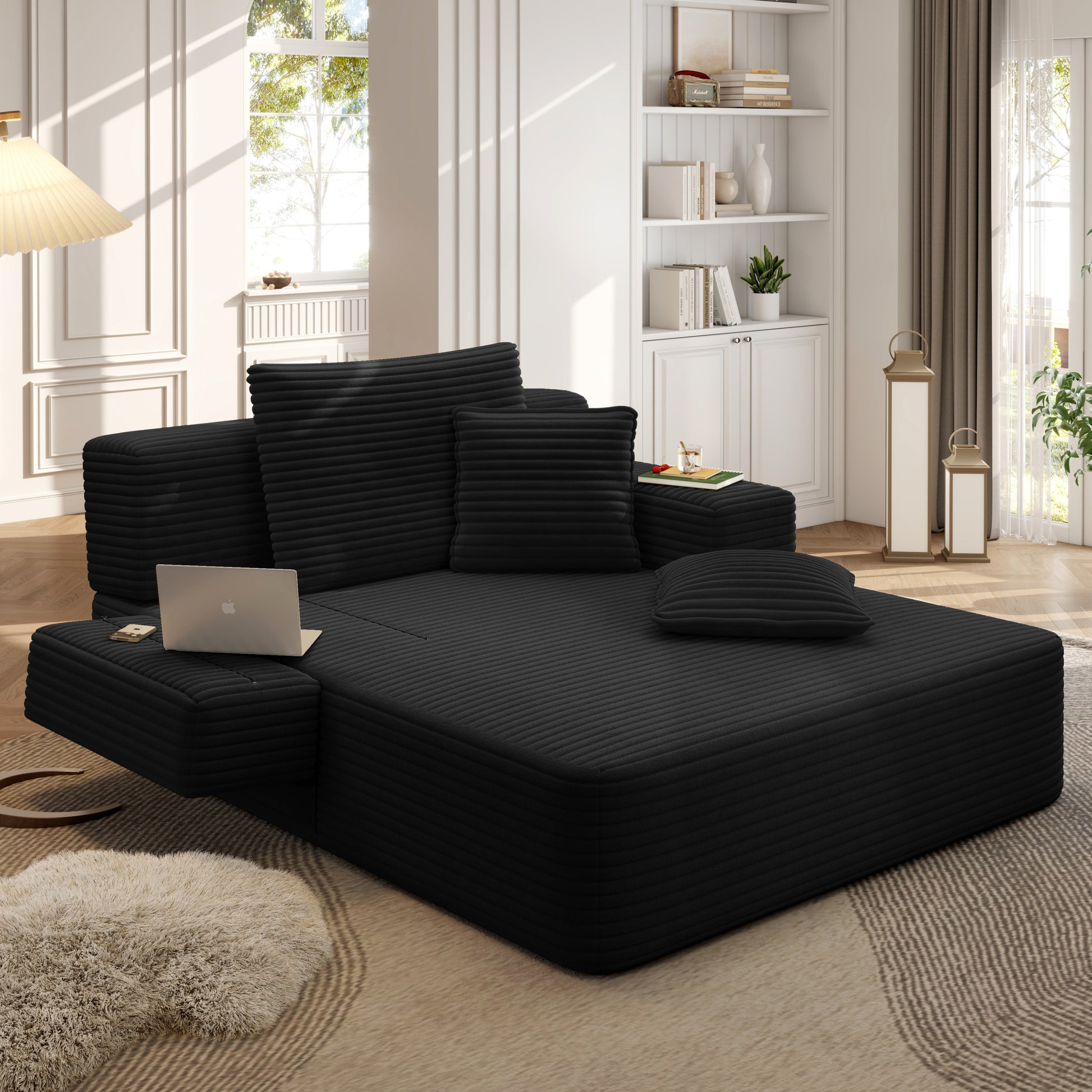 Luxurious Plush Corduroy Chaise Lounge with 3 Pillows - Black - detail view 7