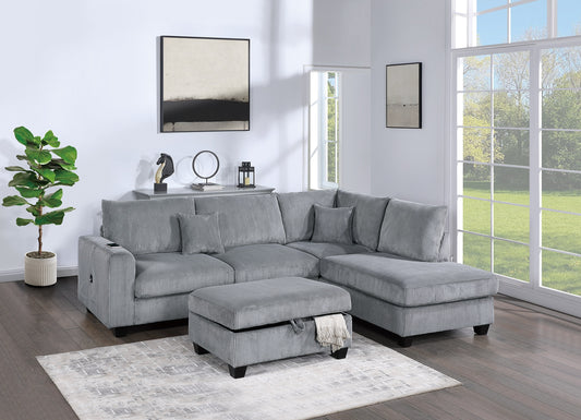 Contemporary 3pc Sectional Set Fog Color Corduroy Couch LAF Sofa RAF Chaise Ottoman L-Sectional Living Room - primary color shot