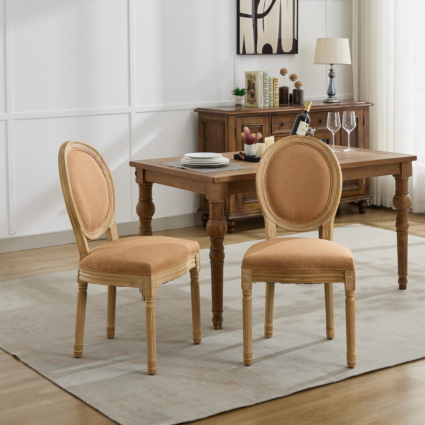 Bordeaux French Country Linen Dining Chairs with Solid Wood Frame (Set of 2) – Tan