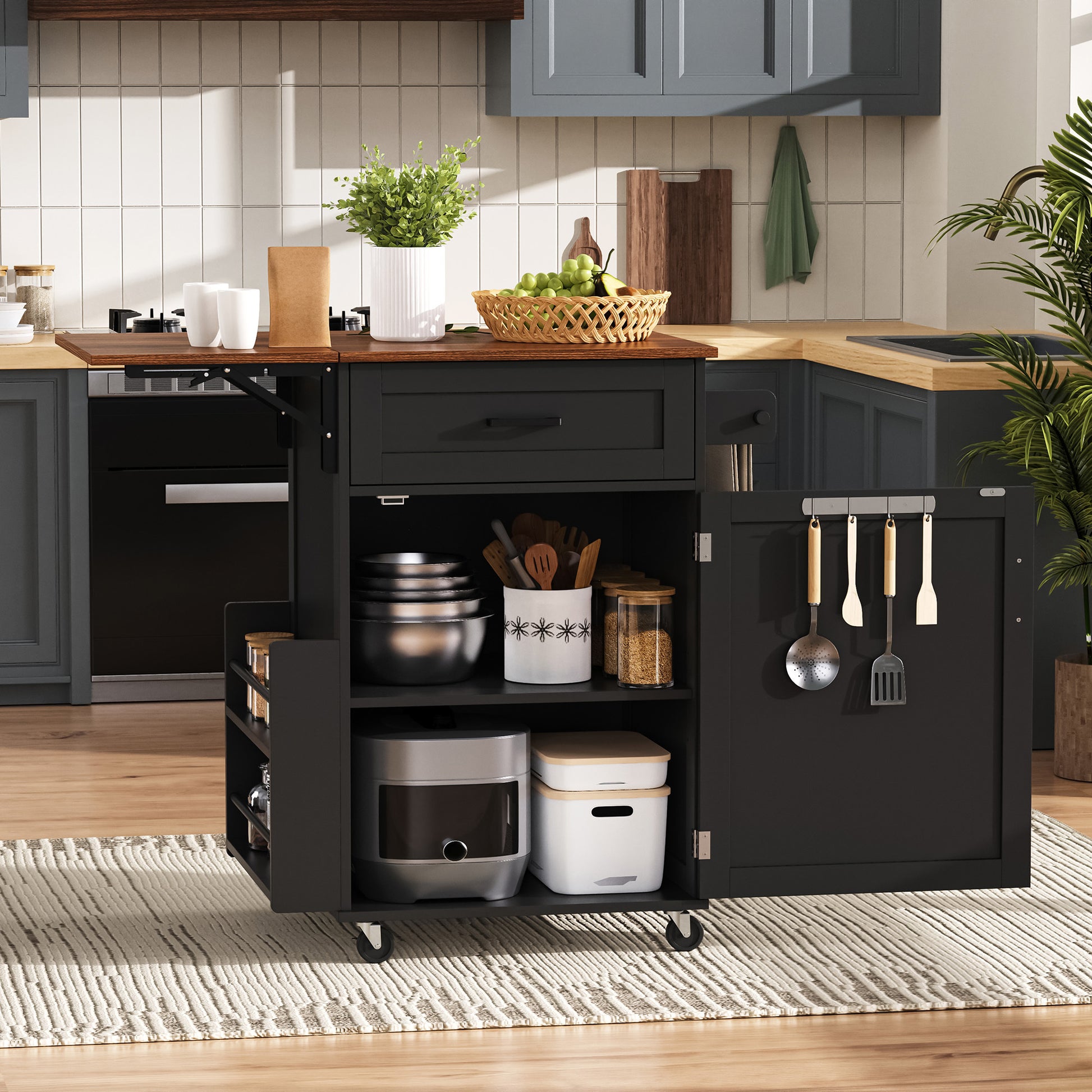 K&k 39.3' Farmhouse Kitchen Island with Drop Leaf - Black - detail view 2