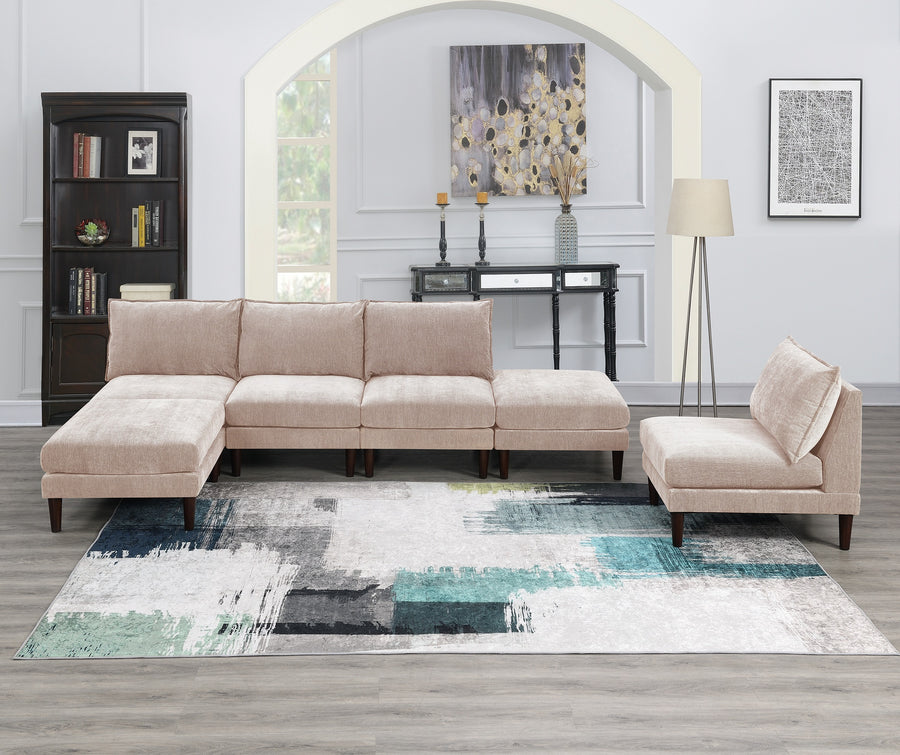 Modern Gorgeous 6pcs Modular Set 4x Armless Chairs 2x Ottomans Living Room Furniture Blush Pink Morgan Fabric Couch - primary color shot