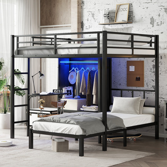 Full XL over Twin Metal Bunk Bed with Folding Desk - Black - primary color shot