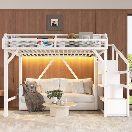 Twin XL Loft Bed with Storage Stairs - White - primary color shot