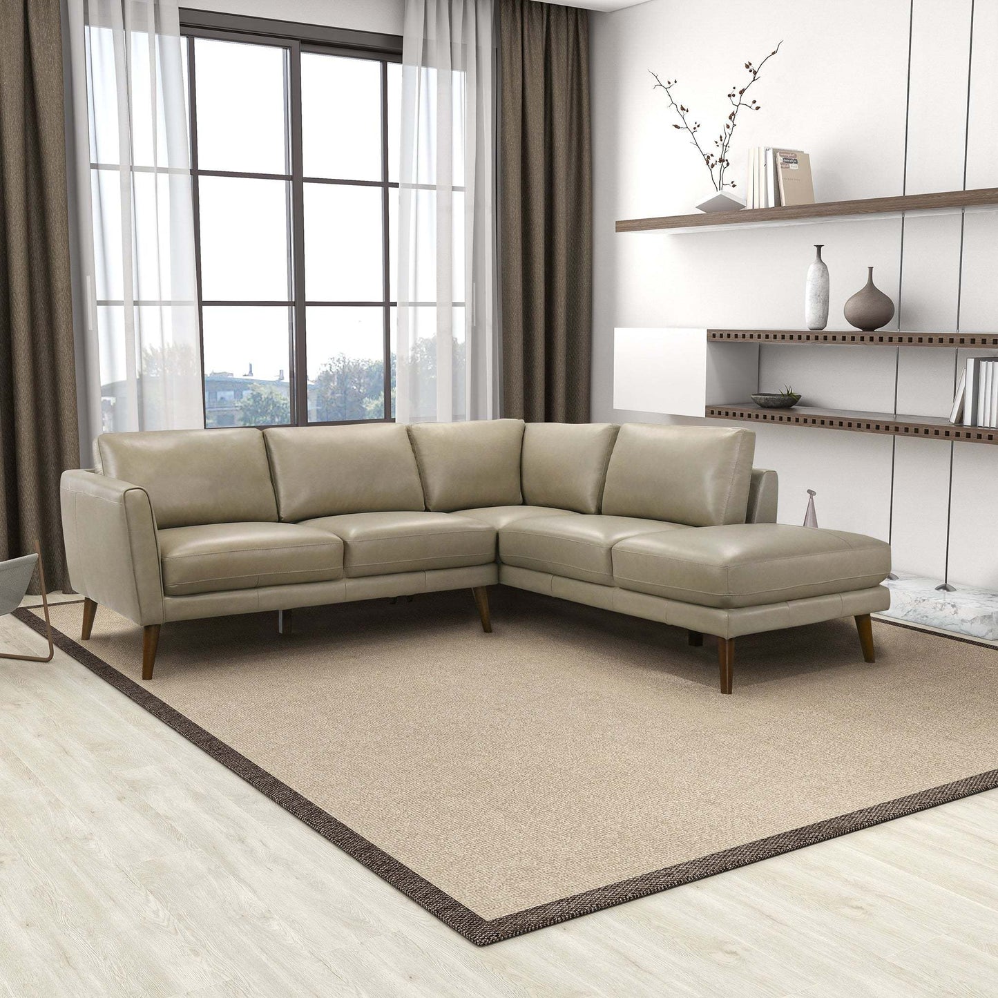 Benson Beige Leather Sectional Sofa with Right Facing Chaise Mid-Century Modern Design - detail view 2