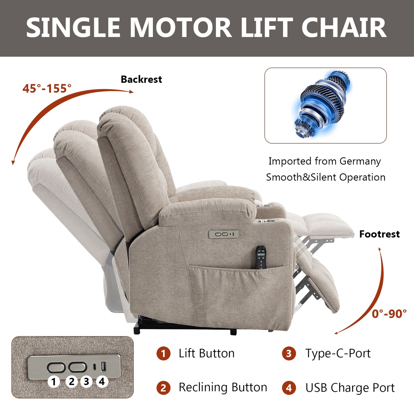 Power Lift Recliner Chair with Massage and Heat for Elderly - Khaki - detail view 4
