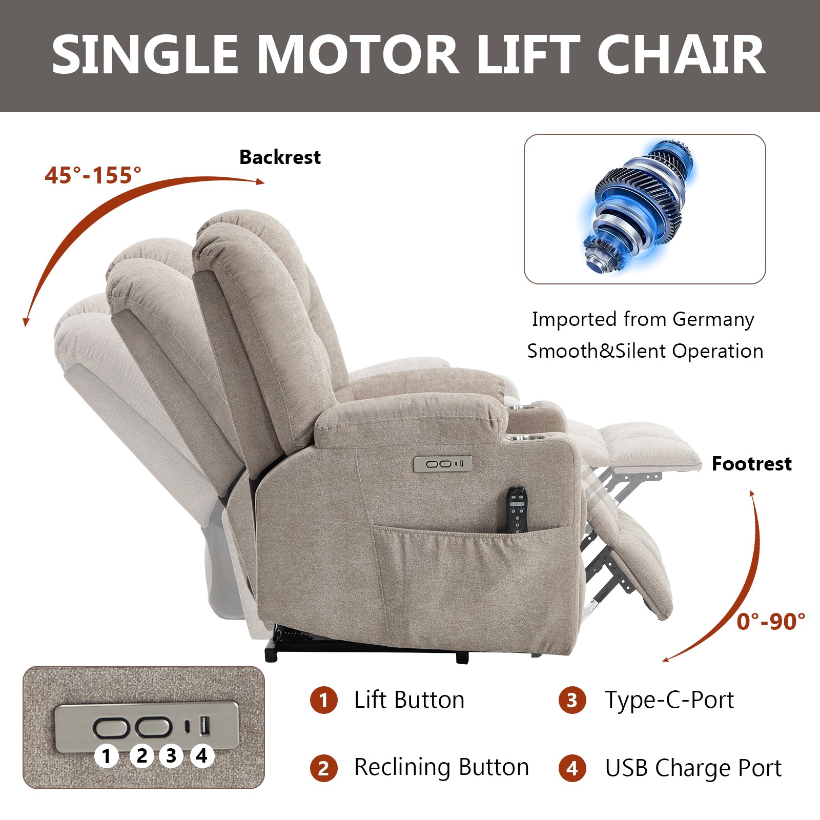 Power Lift Recliner Chair with Massage and Heat for Elderly - Khaki - detail view 4