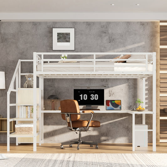 Queen Size Loft Bed with L-Shaped Desk and USB - White Straight Grain - detail view 2