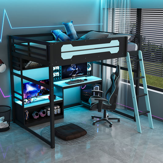 Full Size Wood Loft Bed with Desk - Black+blue - primary color shot