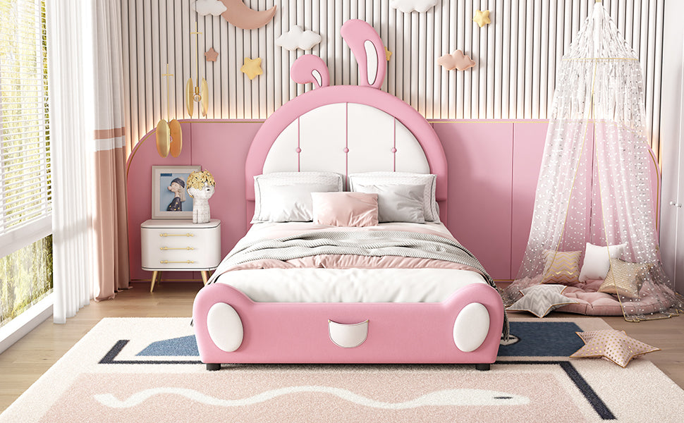 Allison Twin Size Upholstered Platform Bed with Rabbit Shaped Headboard, Pink