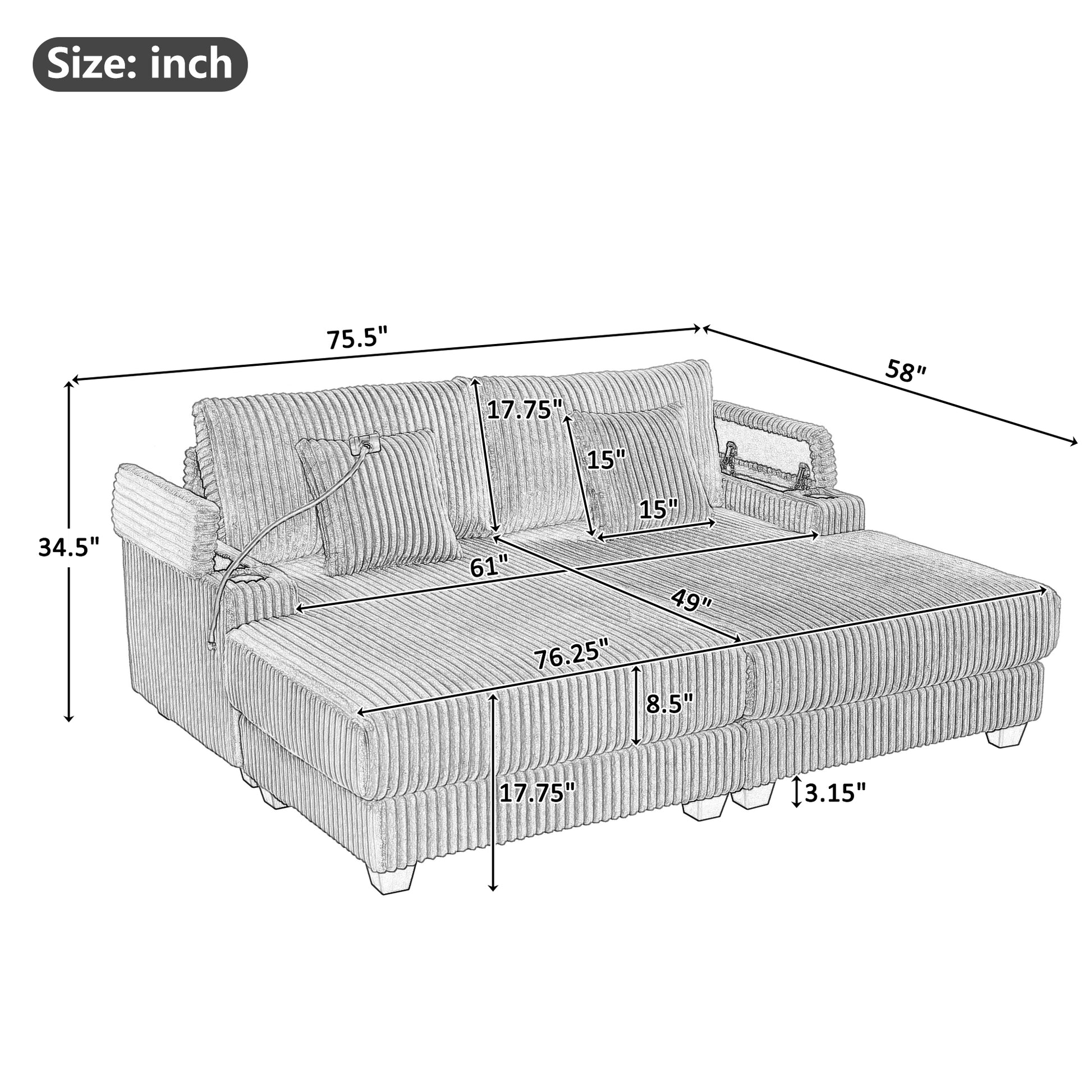 Modern Black Chaise Sofa 75.5' with Adjustable Backrest - detail view 3
