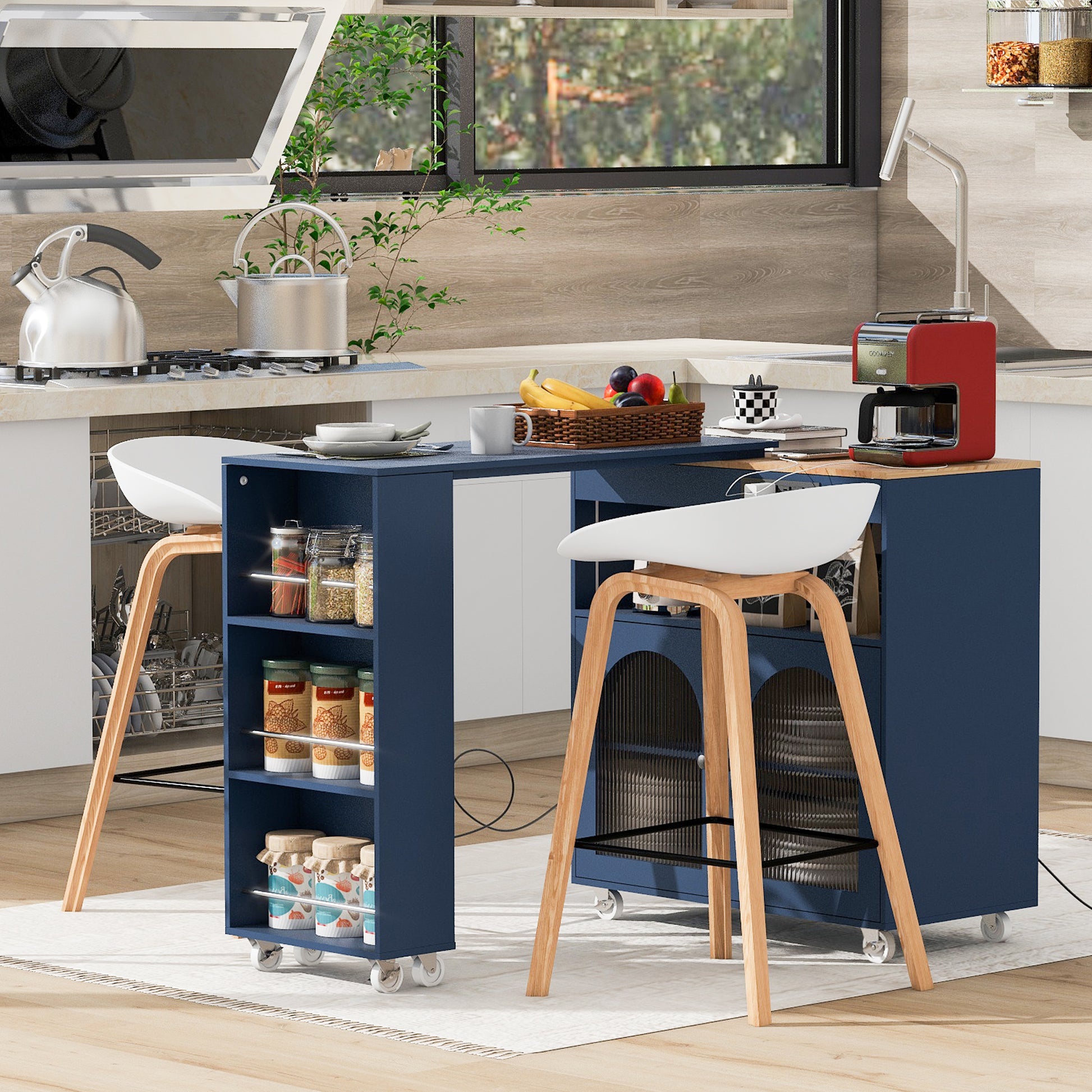 K&k Rolling Kitchen Island with Extended Table - Navy & Blue - detail view 3