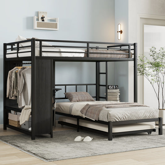 Full over Twin XL (full XL over Twin Xl) Bunk Bed with Built-in Wardrobe - Black - primary color shot