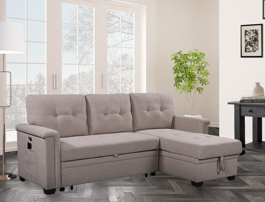 Nathan 84' Light Gray Reversible Sleeper Sectional Sofa with Storage Chaise, USB Charging Ports and Pocket - detail view 6