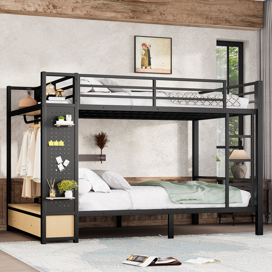 Queen over Queen Size Metal Bunk Bed for Teens with Storage Shelves - Black - primary color shot
