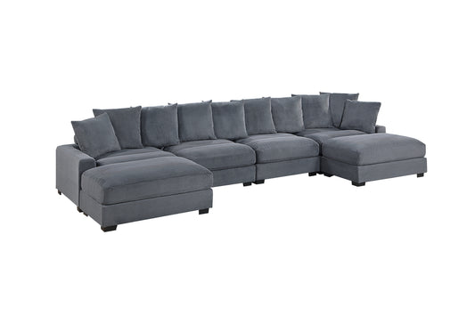 Contemporary Dark Gray 6pc Modular Sectional Set Corduroy Couch LAF & RAF Chairs 2x Armless Chairs 2x Ottomans Living Room Furniture - detail view 2