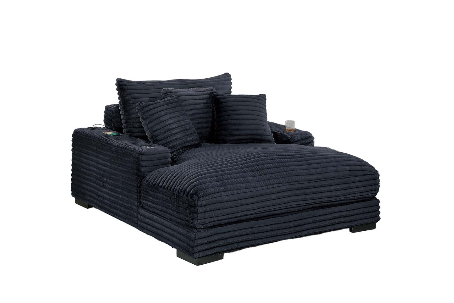 Modern Chaise Lounge W 2/ Cup Holders USB Ports Black Corduroy Wooden Legs Pillows Plush Couch Sofa Chaise - detail view 2