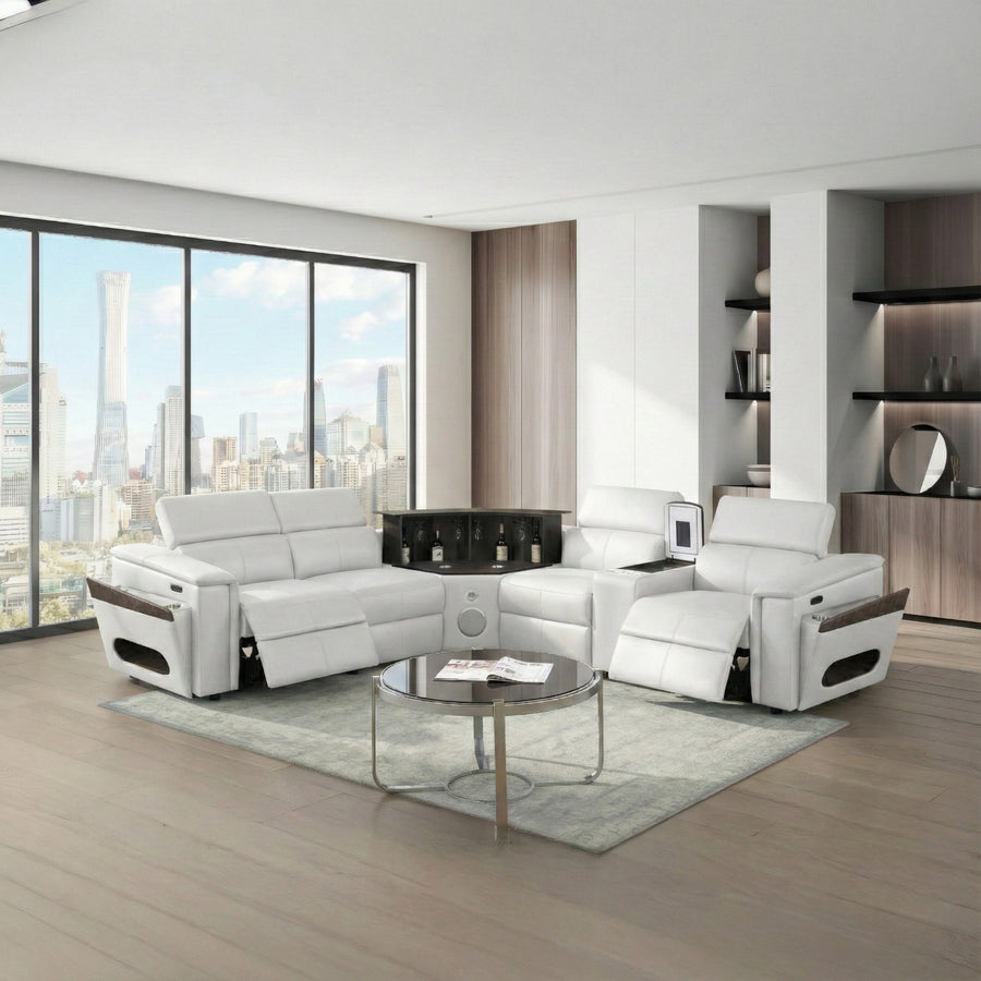 Nova Modern Style Sectional with 1 Console (Fridge), Wedge with Bluetooth speaker, LED and Lifting wine cabinet - White - detail view 4