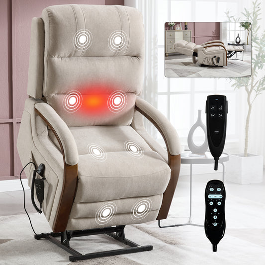 Power Beige Chenille Lift Recliner Chair Dual Motor Infinite Position Up to 350 LBS with Solid Wood Armrests - primary color shot