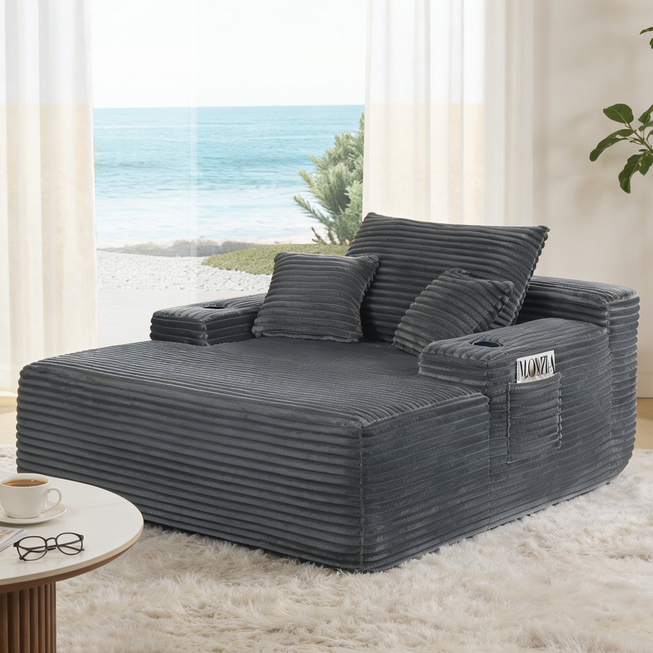 NEW Convertible Chaise Lounge Chair Plush with Wide Armrest & Throw Pillows - Grey - detail view 5