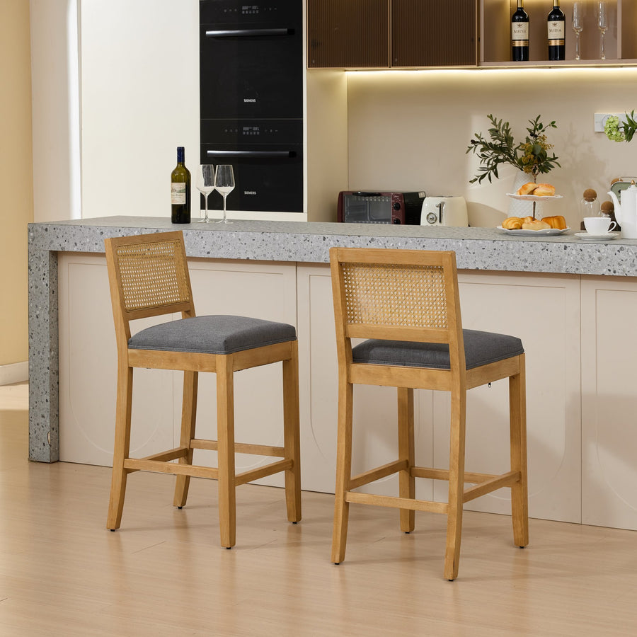 Gray Linen Bar Stool with Wood Legs (Set of 2)