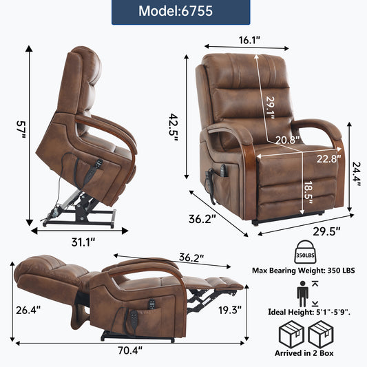 Power Brown Leatheraire Lift Recliner Chair Dual Motor Infinite Position Up to 350 LBS with Solid Wood Armrests - detail view 2