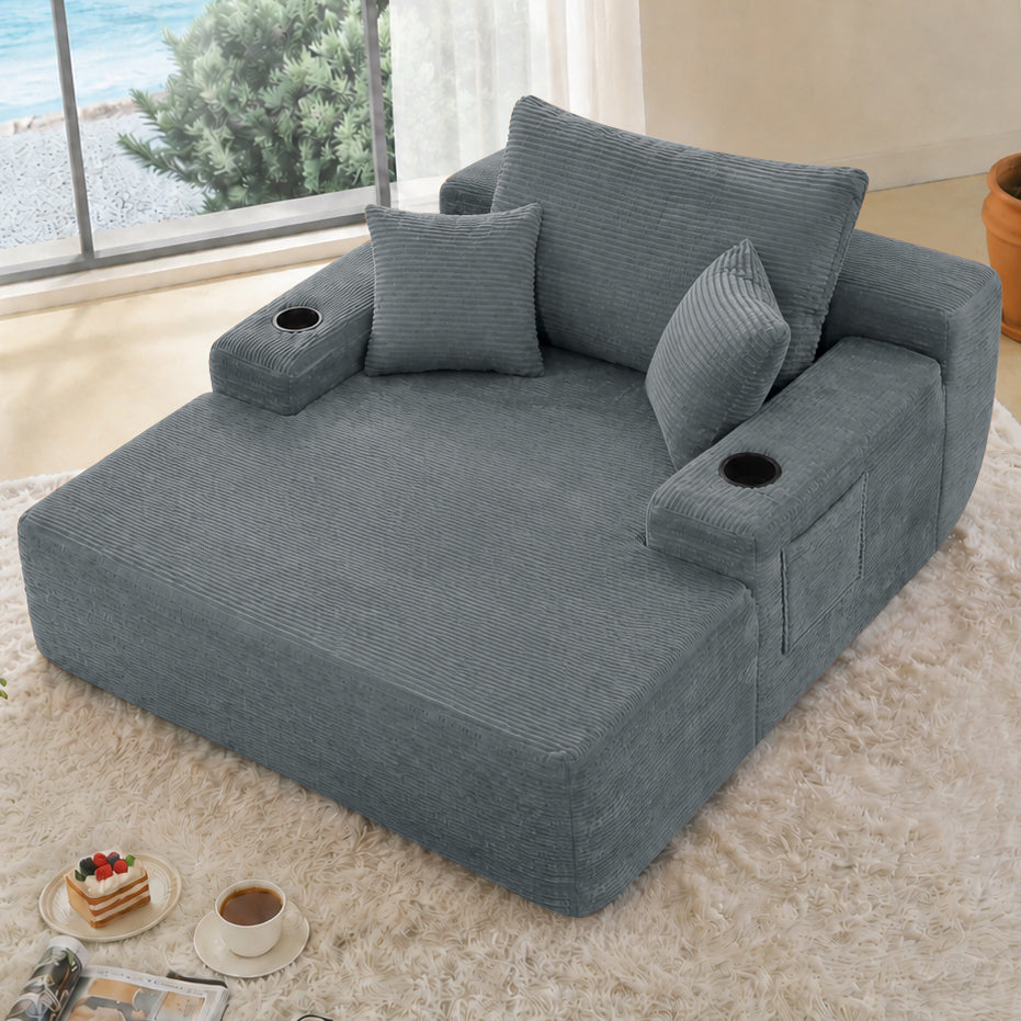 NEW Convertible Chaise Lounge Chair Corduroy with Wide Armrest & Throw Pillows - Grey - primary color shot