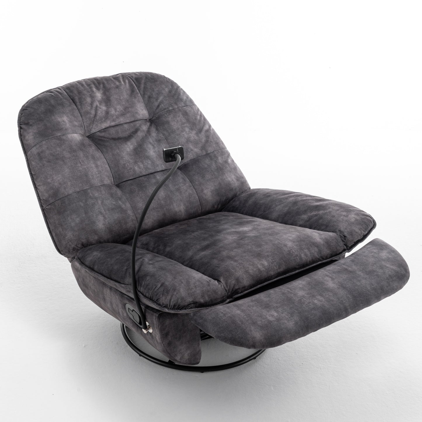 Black Oversized Velvet Chaise Lounge with Mobile Phone Holder and Rocking Functionality