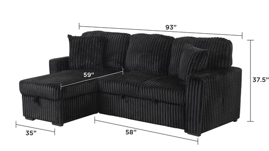 Plush Sectional Sofa W/ Pull Out Sleeper made with Velvet fabric- Black - detail view 2