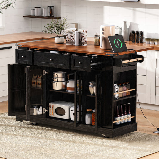 K&k 53'' Farmhouse Kitchen Island with Two Tempered Glass Cabinet Doors - Black - primary color shot