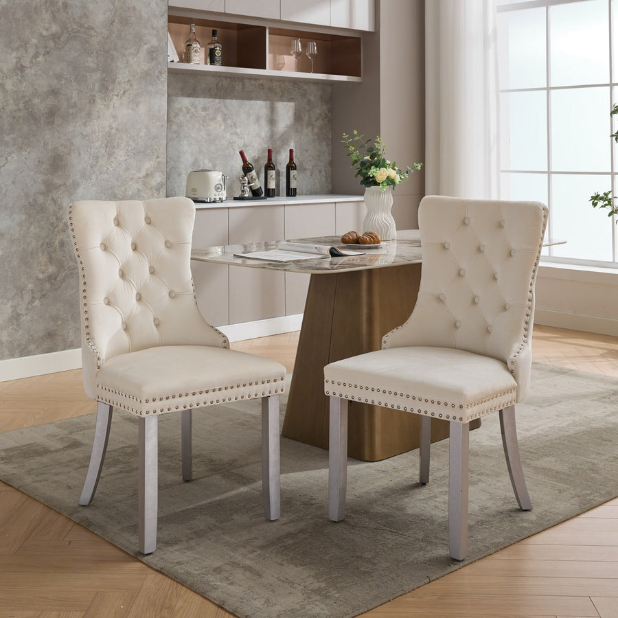 Milk White Velvet Tufted Nailhead Trim Dining Chairs with Wood Legs (Set of 2)