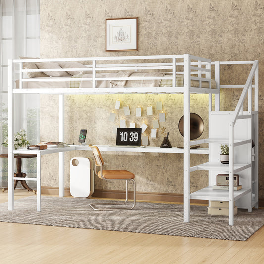 Full Size Loft Bed with L-Shaped Desk and USB - Off White - primary color shot