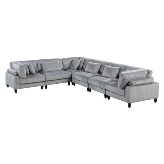 6pc Modular Sectional Set Gray Corduroy Upholstery 3x Armless Chairs 3x Corner Seats Soft Pillows Living Room Furniture - detail view 4