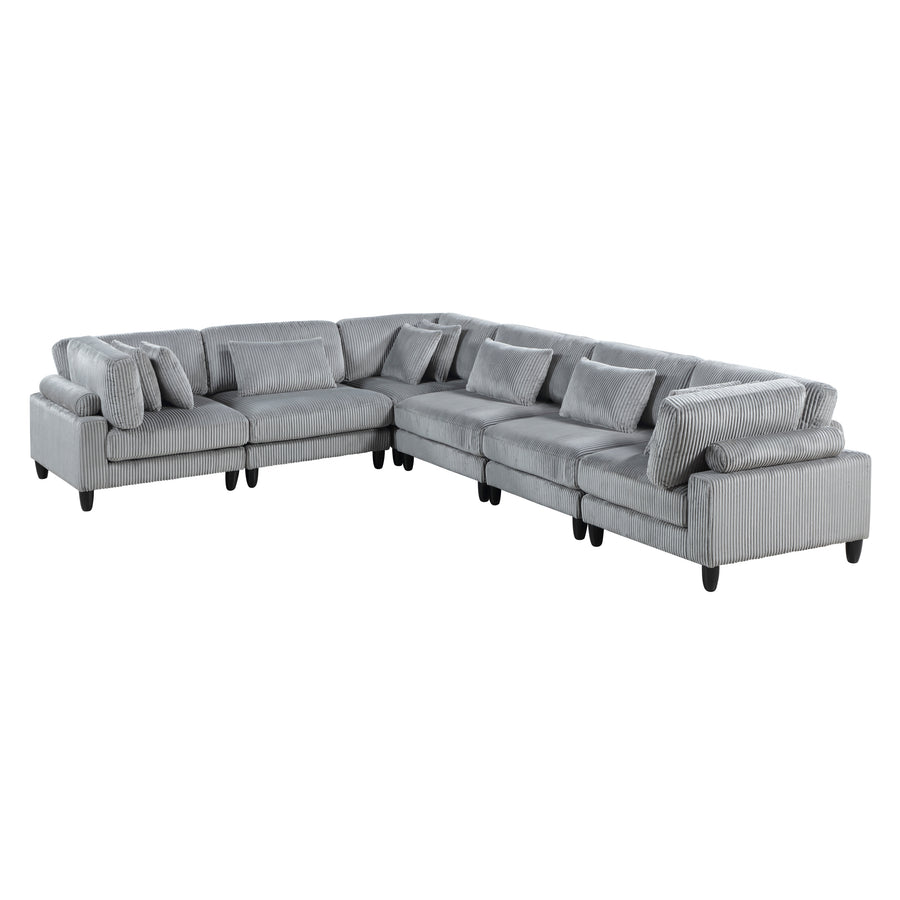 6pc Modular Sectional Set Gray Corduroy Upholstery 3x Armless Chairs 3x Corner Seats Soft Pillows Living Room Furniture - detail view 4