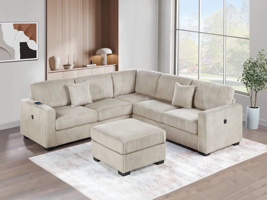 Living Room Corduroy Upholstered Camel 4pc Sectional Set RAF/LAF One-Arm Loveseat W/USB, Corner Wedge, Cocktail Ottoman Cushion Couch - primary color shot
