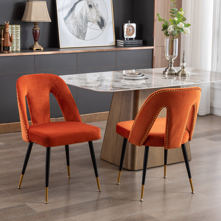 Orange Velvet Nailhead Trim Dining Chairs with Gold Legs (Set of 2)