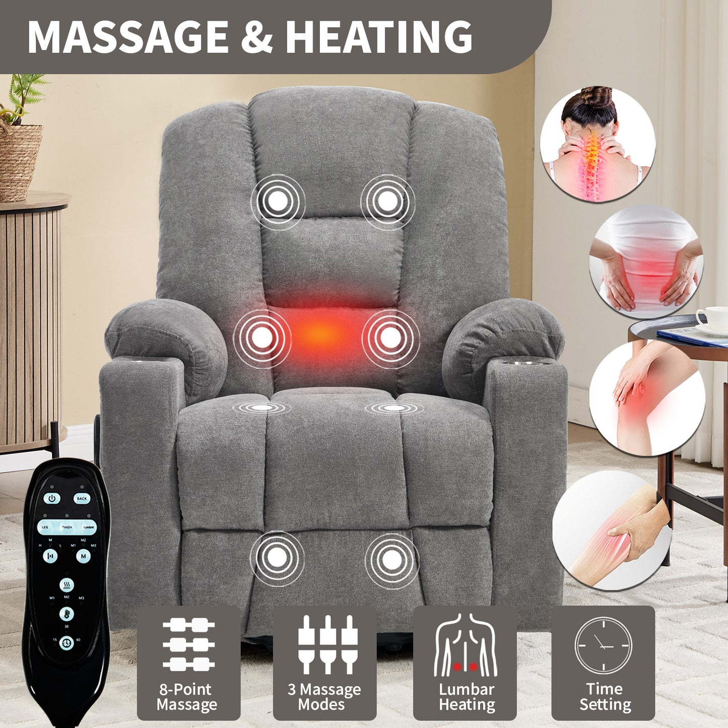 Power Lift Recliner Chair with Massage and Heat for Elderly - Light Gray - detail view 6
