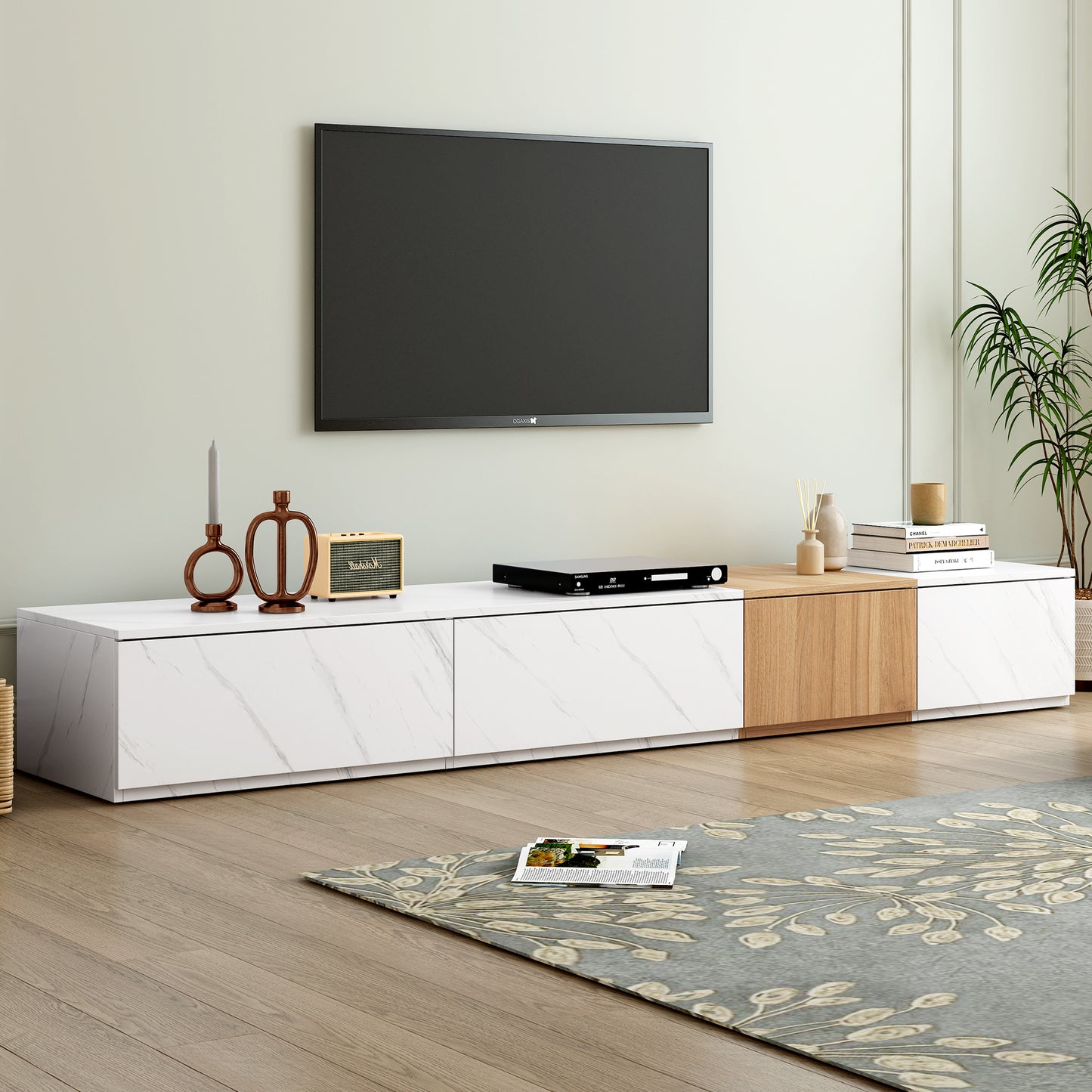 Calabria Modular TV Console – Faux Marble & Walnut Finish, 78.7”