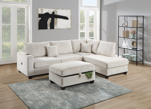 Ivory Color 3pc Sectional Set Corduroy Upholstered LAF Sofa RAF Chaise Ottoman L-Sectional Living Room Furniture - primary color shot