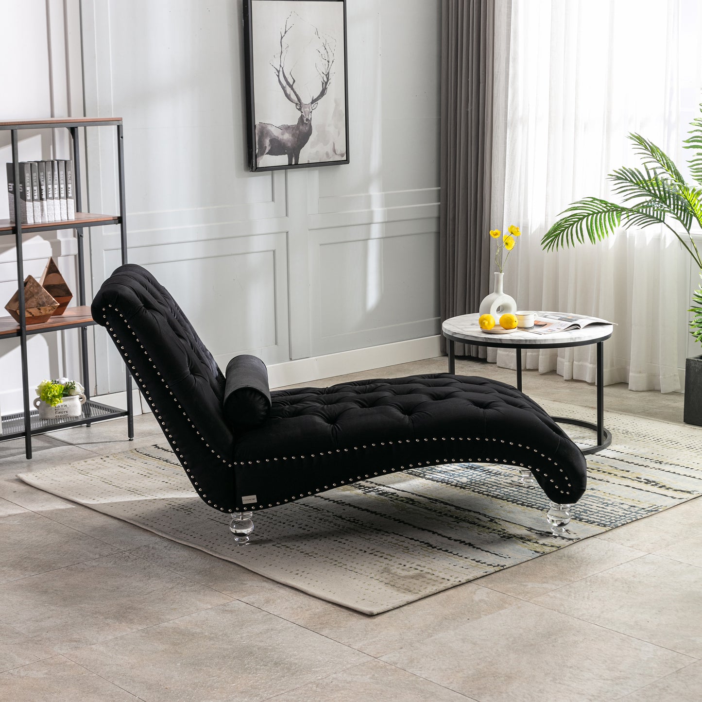 Black Velvet Tufted Chaise Lounge with Black Legs - detail view 8