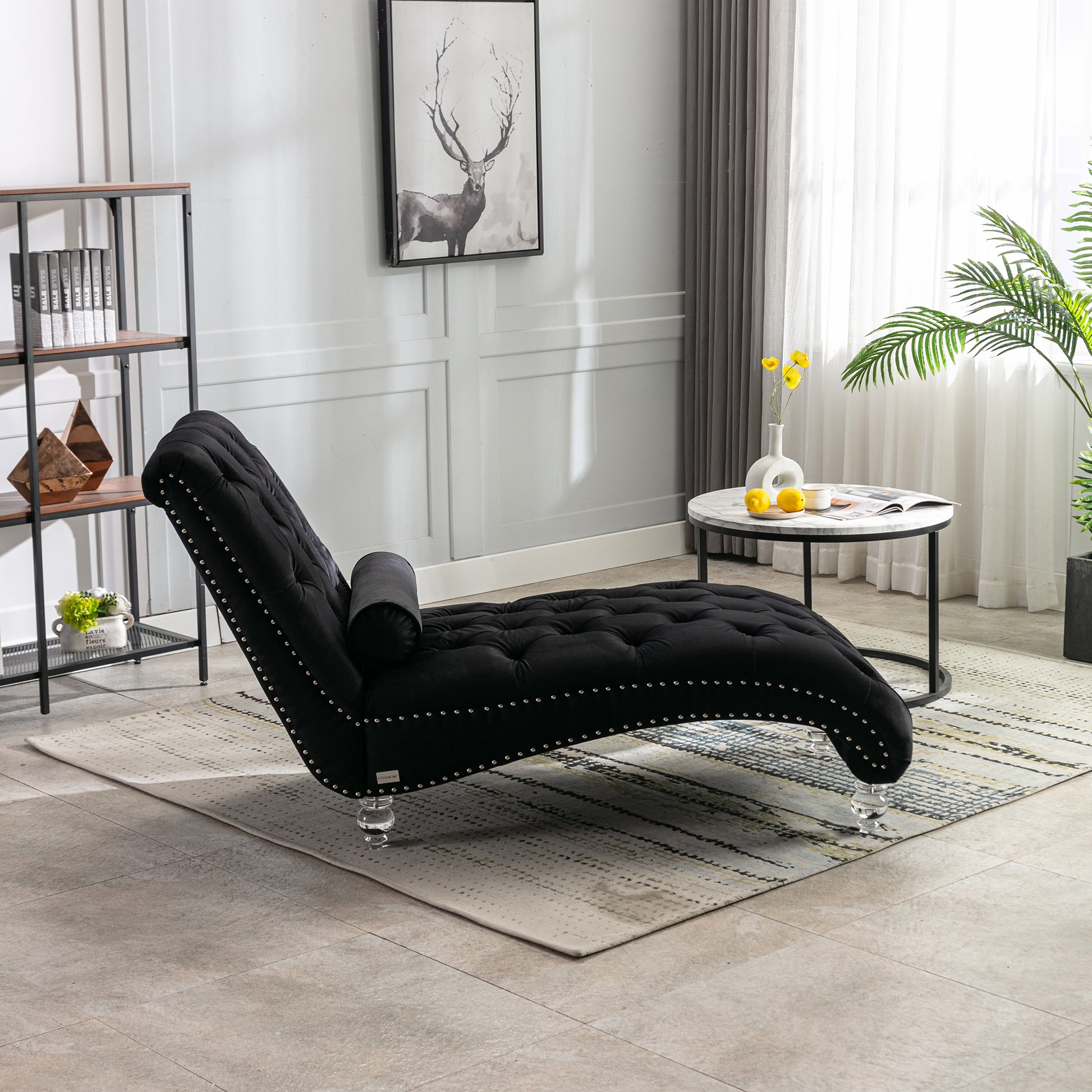 Black Velvet Tufted Chaise Lounge with Black Legs - detail view 8