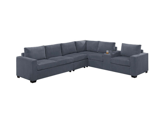 Modern Large Family Dark Gray Corduroy 6pc Sectional Set Living Room One Arm Loveseat Wedge Console Armless Chair Couch Set - detail view 2