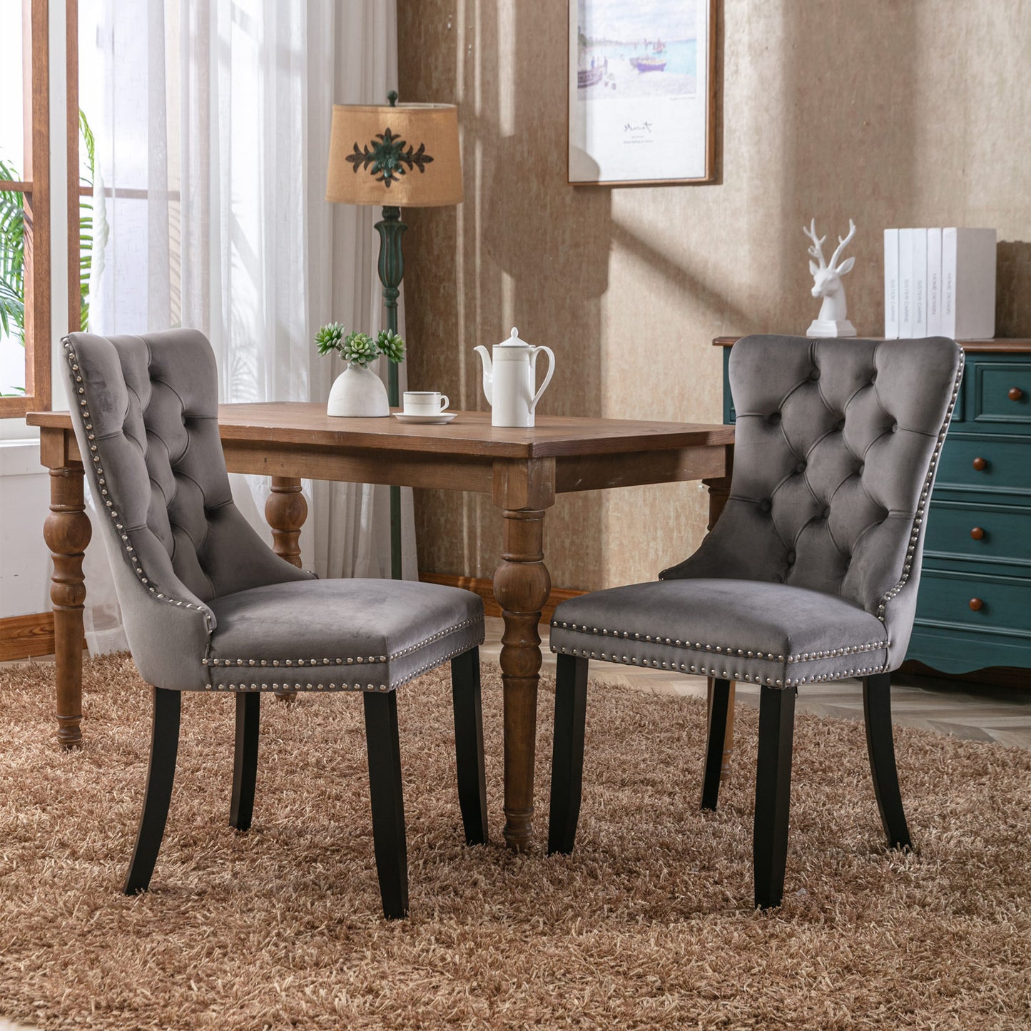 Gray Velvet Tufted Nailhead Trim Dining Chairs with Wood Legs (Set of 2)