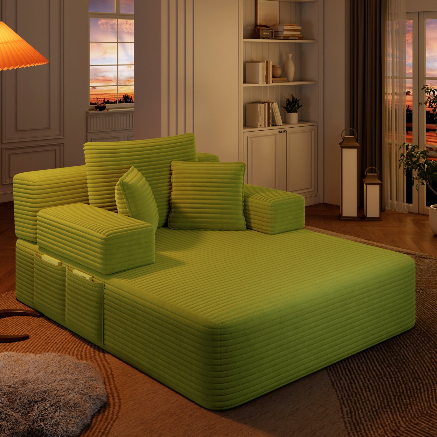 Luxurious Plush Corduroy Chaise Lounge with 3 Pillows - Green - detail view 5